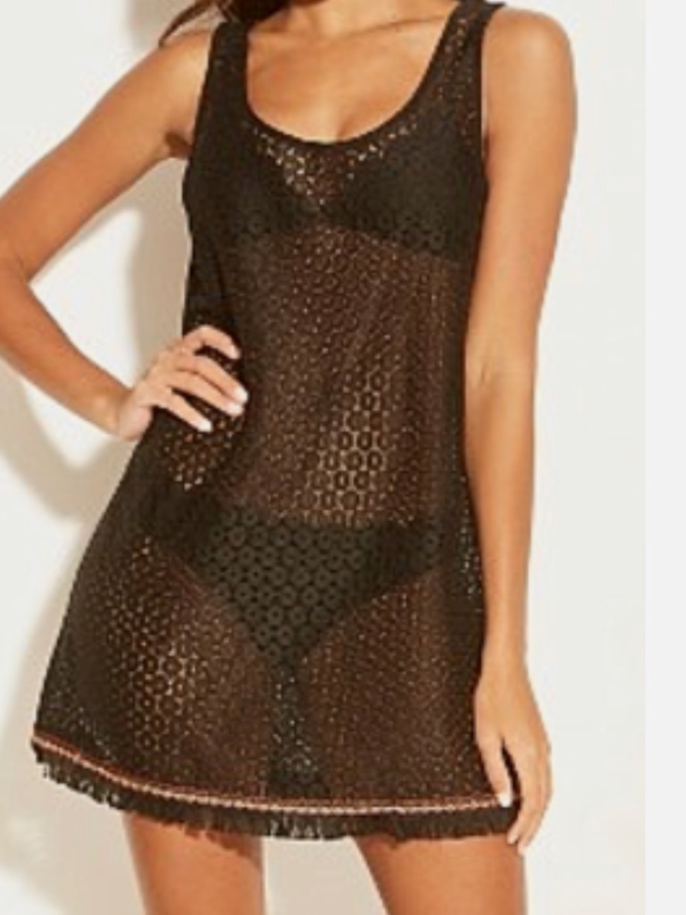 XHILARATION Women's Crochet Fringe Swim Cover Up Shirt Dress SZ SM Beach Summer